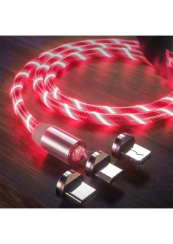 Cablu de Incarcare Magnetic USB la Type-C, Micro-USB, Lightning 1m - Techsuit LED Flowing - Red