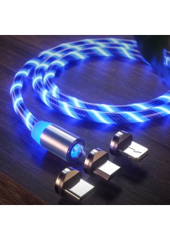 Cablu de Incarcare Magnetic USB la Type-C, Micro-USB, Lightning 1m - Techsuit LED Flowing - Blue
