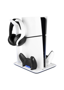 Suport PS5 Slim cu Incarcare, Racire, Spatiu Jocuri/Casti - Fixed (FIXPS5S-MCS-BW) - White