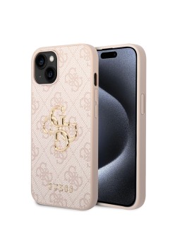 Husa pentru iPhone 15 - Guess Leather 4G Metal Logo (GUHCP15S4GMGPI) - Pink