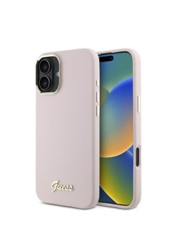 Husa pentru iPhone 16 - Guess Silicone Script Metal Logo and Frame (GUHCP16SSMBSLP) - Pink