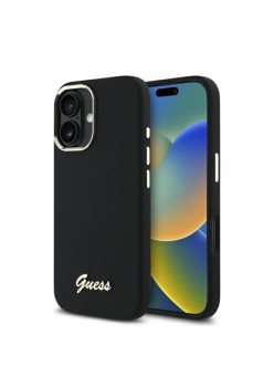 Husa pentru iPhone 16 Plus - Guess Silicone Script Metal Logo and Frame (GUHCP16MSMBSLK) - Black