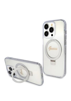 Husa pentru iPhone 15 Pro - Guess Ring Stand Script Glitter MagSafe (GUHMP15LHRSGSD) - Clear