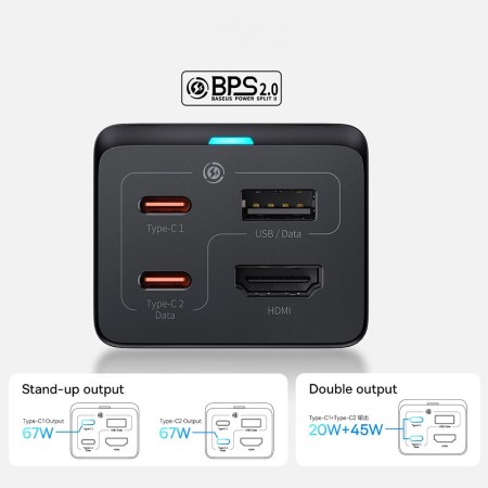 Statie Incarcare HDMI 4K 30Hz, 2x Type-C, USB, 67W, 1.5m + Cablu Type-C, 100W, 40Gbps, 1m - Baseus GaN5 Pro (CCGP110201) - Black