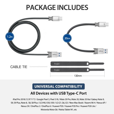 Cablu de Date USB la Type-C 20cm - Ringke - Gray