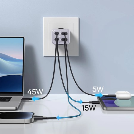 Incarcator pentru Priza 2x USB, 2x Type-C, 65W + Cablu Type-C la Type-C - Baseus (P10162701533-00) - Purple
