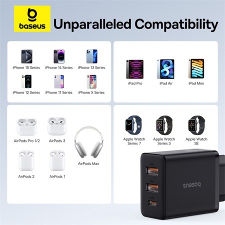 Incarcator GaN, 2x USB, Type-C, Fast Charging, 30W - Baseus (P10111402113-00) - Cluster Black