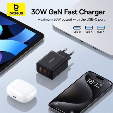Incarcator GaN, 2x USB, Type-C, Fast Charging, 30W - Baseus (P10111402113-00) - Cluster Black