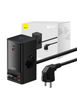 Prelungitor Priza Shuko, USB, 2xType-C, 65W - Baseus PowerCombo (PSLR000301) - Black