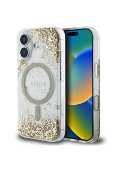 Husa pentru iPhone 16 - Guess Hardcase Resin Bottom Glitter MagSafe - Gold