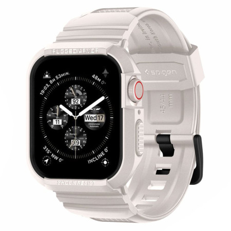Husa pentru Apple Watch 4 / 5 / 6 / SE / SE 2 / 7 / 8 / 9 (44mm/45mm) si Curea, Spigen Rugged Armor Pro, Dune Beige