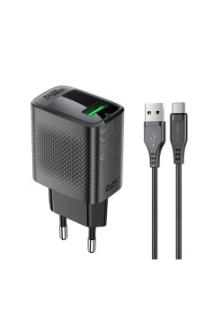 Acumulator GaN pentru Priza, USB, GaN, QC18W cu Cablu Type-C - Black