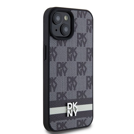 Husa iPhone 15 - DKNY Leather Checkered Mono Pattern and Printed Stripes (DKHCP14SPCPTSSK) - Black