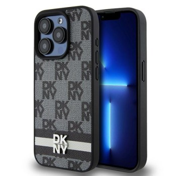 Husa iPhone 15 Pro - DKNY Leather Checkered Mono Pattern and Printed Stripes (DKHCP15LPCPTSSK) - Black