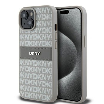 Husa iPhone 15 - DKNY Leather Mono Stripe and Metal Logo (DKHCP15SPRTHSLE) - Beige