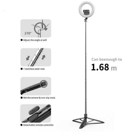 Selfie Stick cu Trepied si Telecomanda, 168cm - Techsuit (Q05s) - Black