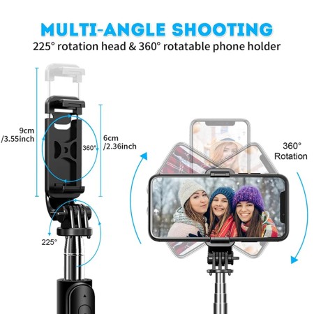Selfie Stick Stabil cu Trepied si Telecomanda, 103cm - Techsuit (Q02) - Black