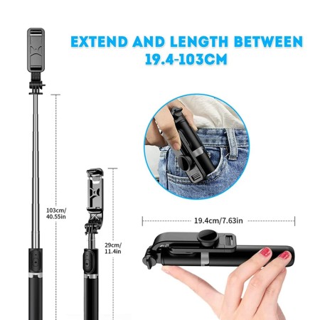 Selfie Stick Stabil cu Trepied si Telecomanda, 103cm - Techsuit (Q02) - Black