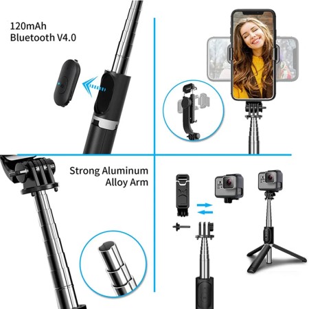 Selfie Stick Stabil cu Trepied si Telecomanda, 103cm - Techsuit (Q02) - Black