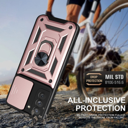 Husa pentru Samsung Galaxy S21 FE 5G, CamShield Protectie Camera, Inel Magnetic, Slide si Snap, Rose Gold