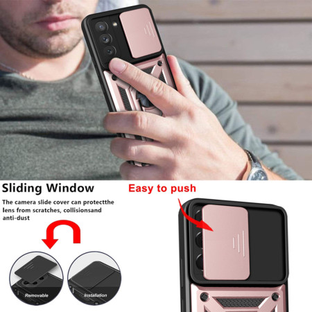 Husa pentru Samsung Galaxy S21 FE 5G, CamShield Protectie Camera, Inel Magnetic, Slide si Snap, Rose Gold