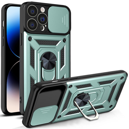 Husa pentru iPhone 14 Pro, CamShield Protectie Camera, Inel Magnetic, Slide si Snap, Green