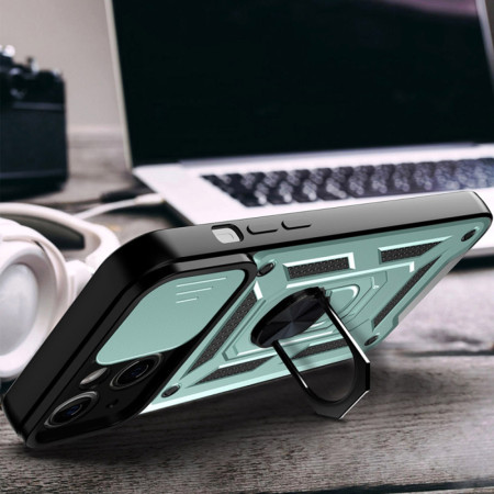 Husa pentru iPhone 14 Pro, CamShield Protectie Camera, Inel Magnetic, Slide si Snap, Green