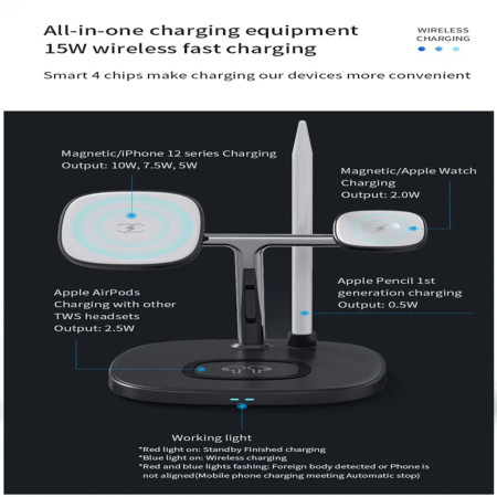 Statie de Alimentare pentru iPhone, iWatch, AirPods, Apple Pencil, 15W, Yesido, Black