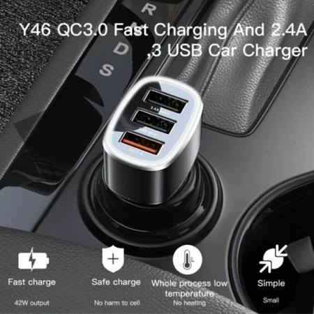 Incarcator Auto 3x USB Yesido, Black