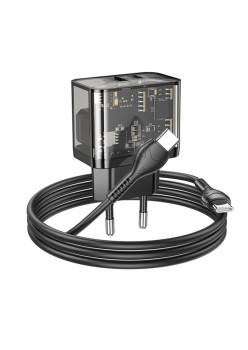 Incarcator USB, Type-C, QC3.0, 20W + Cablu Type-C, 1m - Hoco Dazzling (N34) - Transparent Black