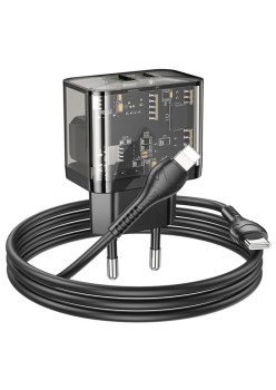 Incarcator USB, Type-C, QC3.0, 20W + Cablu Type-C la Lightning, 1m - Hoco Dazzling (N34) - Transparent Black