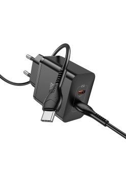 Incarcator Dual Port 2x Type-C PD45W + Cablu Type-C la Type-C - Hoco Streamer (N35) - Black