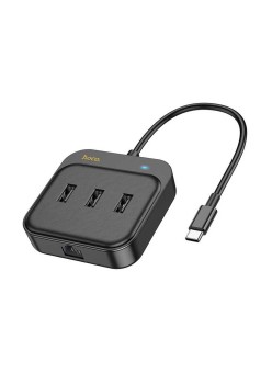 Adaptor USB-C la 3x USB2.0 + RJ45, 0.2m - Hoco Easy Link (HB35) - Black