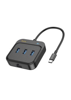Adaptor USB-C la 3x USB3.0 + RJ45, 0.2m - Hoco Easy Link (HB35) - Black