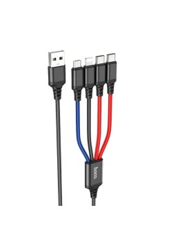 Cablu USB-A la 2xType-C, Lightning, Micro-USB, 2A, 1m - Hoco Super (X76) - Black/Red/Blue