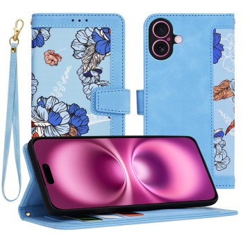 Husa FlipCraft pentru iPhone 16 Plus - Protectie 360, Design Floral, Vibrant Blue