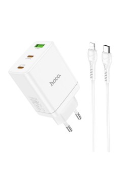 Incarcator pentru Priza USB, 2x Type-C, PD35W + Cablu Type-C la Lightning - Hoco Start (N33) - White