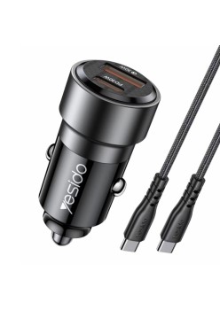 Yesido - Car Charger (Y55) - USB, Type-C, Fast Charging, 60W, with Cable USB-C to Type-C - Black