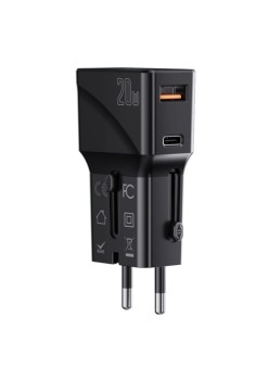 Yesido - Wall Charger (MC17) - USB, Type-C, PD20W, for Travel, EU, UK, US, AUS - Black