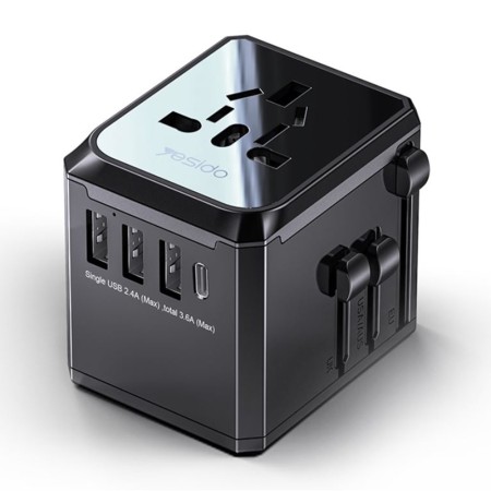 Yesido - Wall Charger (MC10) - 3x USB, Type-C, for Travel, EU, UK, US, AUS, 3.6A - Black
