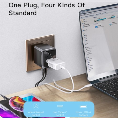 Yesido - Wall Charger (MC10) - 3x USB, Type-C, for Travel, EU, UK, US, AUS, 3.6A - Black