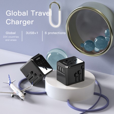 Yesido - Wall Charger (MC10) - 3x USB, Type-C, for Travel, EU, UK, US, AUS, 3.6A - Black