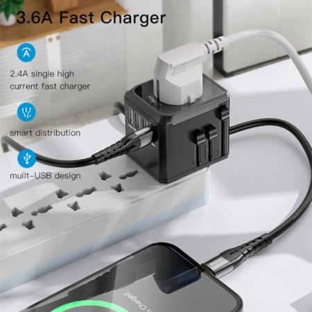 Yesido - Wall Charger (MC10) - 3x USB, Type-C, for Travel, EU, UK, US, AUS, 3.6A - Black