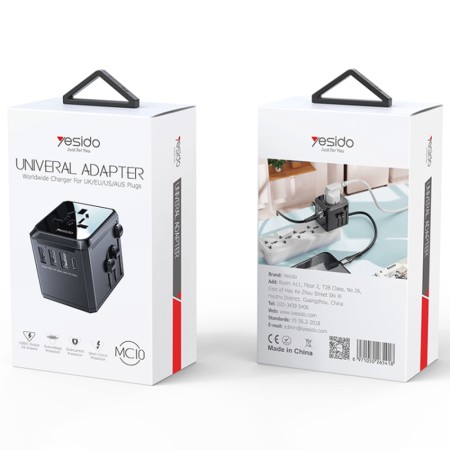 Yesido - Wall Charger (MC10) - 3x USB, Type-C, for Travel, EU, UK, US, AUS, 3.6A - Black