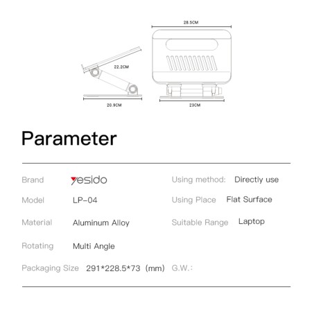 Yesido - Laptop Holder (LP04) - from Aluminium Alloy, Folding Design - Silver