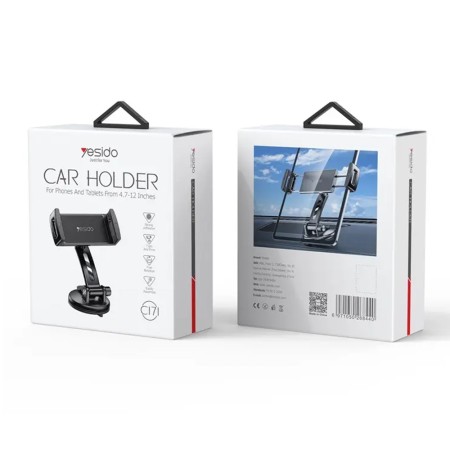 Yesido - Car Holder (C171) - Clamp Grip, Tablet, Phones 4.7 - 12", for Dashboard, Windshield - Black