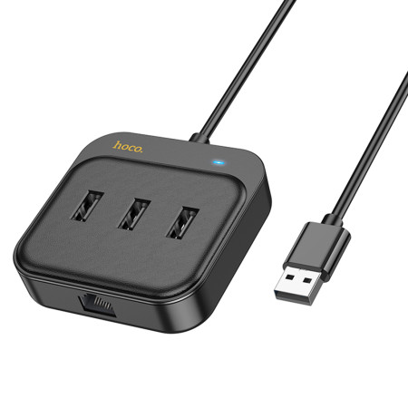 Adaptor USB la 3x USB3.0 si RJ45, 1.2m Hoco Easy Link, Black