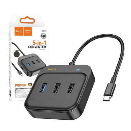 Adaptor Tip-C la HDTV, USB3.0, 2x USB2.0, PD100W Hoco Easy Link, Black