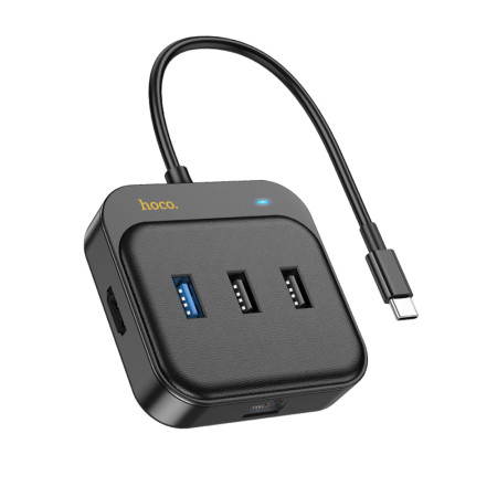 Hub Tipe-C la HDTV, RJ45, USB3.0, 2x USB2.0, PD100W, 0.2m Hoco Easy Link, Black
