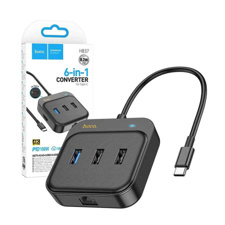 Hub Tipe-C la HDTV, RJ45, USB3.0, 2x USB2.0, PD100W, 0.2m Hoco Easy Link, Black